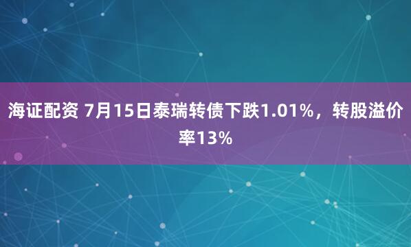 海证配资 7月15日泰瑞转债下跌1.01%，转股溢价率13%